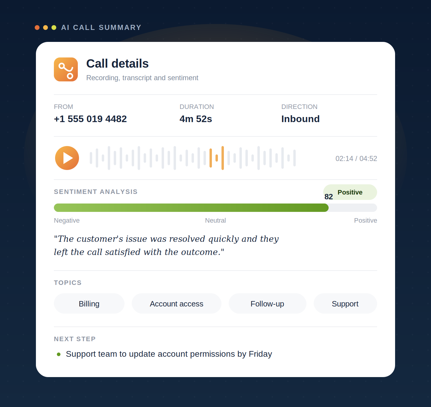 Vonix call history list and call detail view with recording player and summary