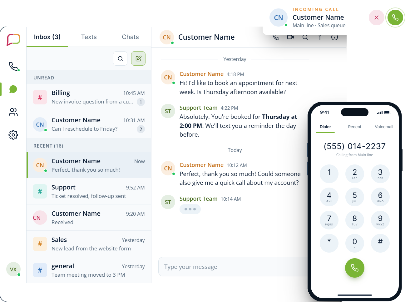 Vonix One inbox with texts and chats, an incoming call alert, and the mobile dialer on a smartphone